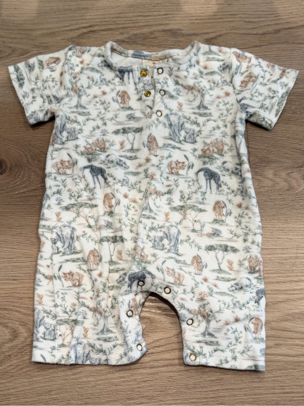Safari-Print Short Sleeve Terry Romper (6-12 months)